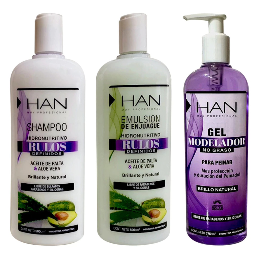 Han Combo Rulos Definidos Shampoo x500cm³ + Acondicionador x500cm³ + Gel Modelador No Graso x350cm³