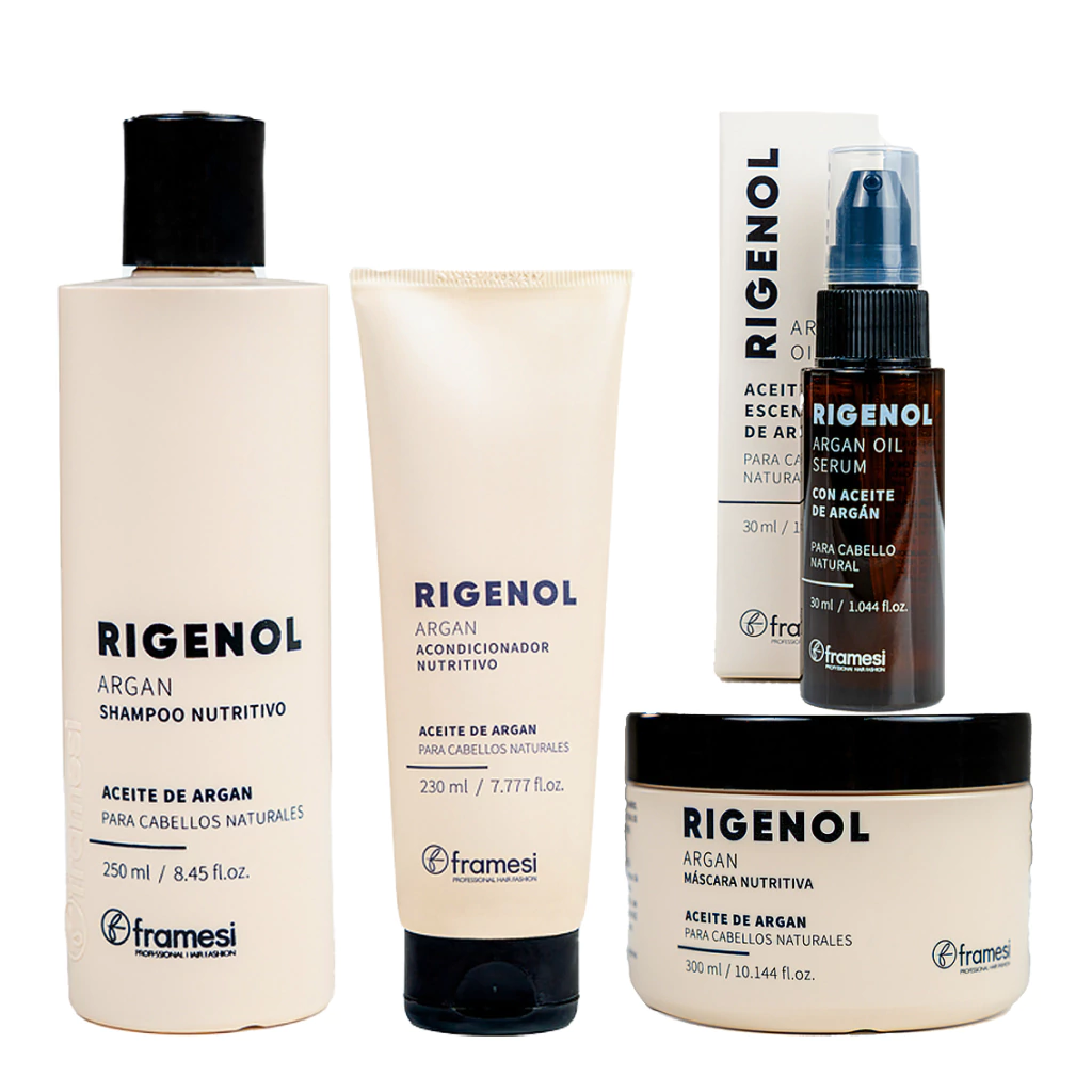 Combo Rigenol Nutritivo con Acecite de Argán Shampoo x250ml + Acondicionador x230ml + Máscara x300ml + Sérum x30ml