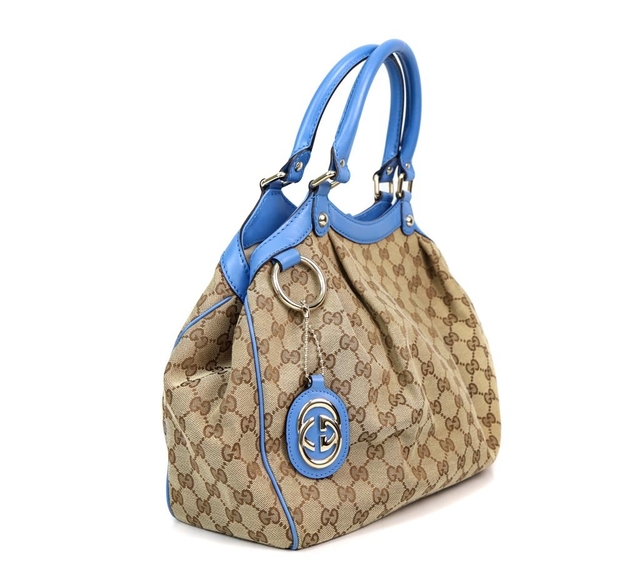 Bolsa Gucci Beige/Azure GG Canvas Medium Sukey Tote - Paris Brechó - Artigos de Luxo Seminovos