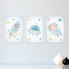 Kit 3 Placas Decorativas Astronauta Foguetes Infantil Bebe Quarto Menino - 0001ktpl
