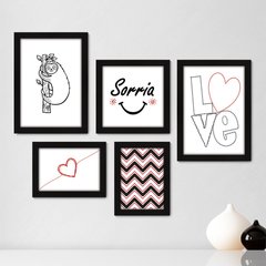 Kit Com 5 Quadros Decorativos - Frase Sorria Love - 001kq01