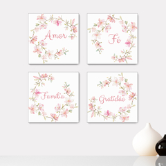 Kit 4 Placas Decorativas Floral Amor Fé Família Gratidão - 0033ktpl4