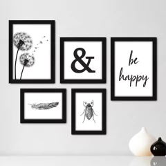 Kit Com 5 Quadros Decorativos - Frase Be Happy - 003kq01