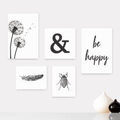 Kit 5 Placas Decorativas - Frase Be Happy Palavras Casa Quarto Sala - 003ktpl5