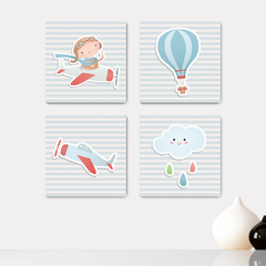 Kit 4 Placas Decorativas Piloto Avião Nuvens Infantil - 0052ktpl4
