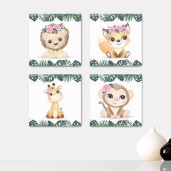 Kit 4 Placas Decorativas Safari Animais Flores Infantil - 0060ktpl4
