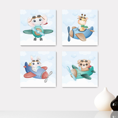 Kit 4 Placas Decorativas Animais Avião Pilotos Infantil - 0061ktpl4