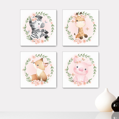 Kit 4 Placas Decorativas Safari Animais Flores Infantil - 0063ktpl4