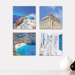 Kit 4 Placas Decorativas Mundo Grécia Praia Paisagem - 0082ktpl4