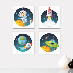 Kit 4 Placas Decorativas Astronauta Espaço Planetas Infantil - 0098ktpl4