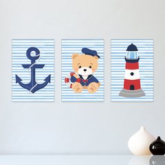 Kit 3 Placas Decorativas Ursinho Marinheiro Marítimo Âncora Infantil Bebe Quarto Menino - 0106ktpl