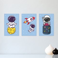 Kit 3 Placas Decorativas Astronauta Infantil Bebe Quarto Menino - 0109ktpl