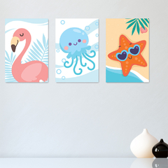 Kit 3 Placas Quadros Decorativos Fundo do Mar Infantil Bebe Quarto Menino Menina - 0138ktpl