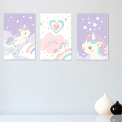 Kit 3 Placas Quadros Decorativos Unicórnios Infantil Bebe Quarto Menino Menina - 0144ktpl