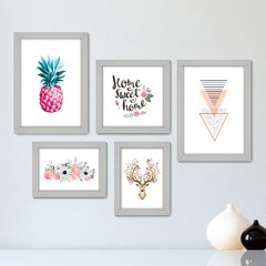 Kit Com 5 Quadros Decorativos - Abstrato Frase Flor Rosa - 015kq01 - comprar online