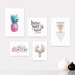 Kit 5 Placas Decorativas - Abstrato Frase Flor Rosa Casa Quarto Sala - 015ktpl5