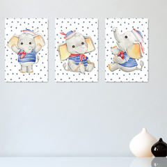 Kit 3 Placas Quadros Decorativos Elefantes Marinheiros Infantil Bebe Quarto Menino Menina - 0175ktpl