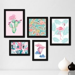 Kit Com 5 Quadros Decorativos - Flamingo Tucano Balão - 017kq01