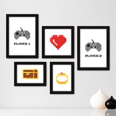 Kit Com 5 Quadros Decorativos - Gamer Player 1 e 2 Amor - 029kq01