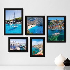 Kit Com 5 Quadros Decorativos - Grécia Mar Costa Barcos - 033kq01