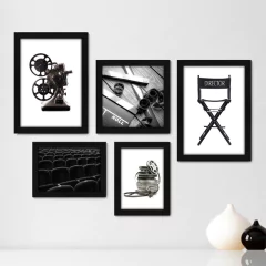 Kit Com 5 Quadros Decorativos - Cinema Projetor Filmes - 043kq01