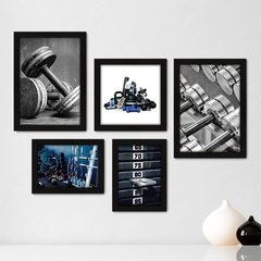 Kit Com 5 Quadros Decorativos - Academia Musculação Fitness - 075kq01