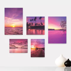 Kit 5 Placas Decorativas - Paisagem Rosa Pôr do Sol Casa Quarto Sala - 102ktpl5
