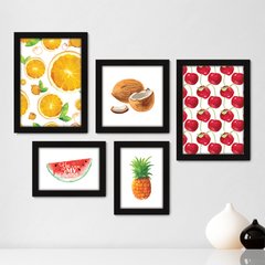 Kit Com 5 Quadros Decorativos - Cozinha Frutas Laranja Cereja - 114kq01