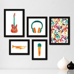 Kit Com 5 Quadros Decorativos - Música Notas Musicais Instrumentos - 124kq01