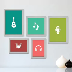 Kit Com 5 Quadros Decorativos - Música Notas Musicais Instrumentos - 125kq01 - comprar online