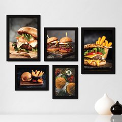 Kit Com 5 Quadros Decorativos - Hamburguer Hamburgueria Cozinha - 132kq01
