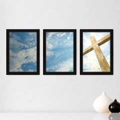 Kit Com 3 Quadros - Céu Cruz Nuvens - 138kq02p