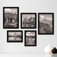 Kit Com 5 Quadros Decorativos - Suiça Paisagem Mundo Trem - 147kq01