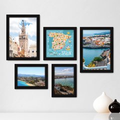 Kit Com 5 Quadros Decorativos - Espanha Paisagem Mundo Mapa - 148kq01
