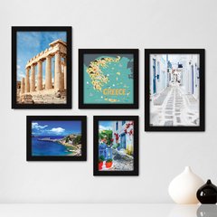 Kit Com 5 Quadros Decorativos - Grécia Mar Mykonos Mapa - 150kq01