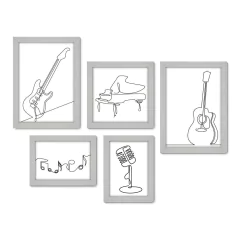 Kit Com 5 Quadros Decorativos - Instrumentos Musicais - Música - Escola de Música - Sala - 156kq01 - Allodi