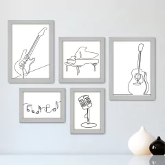 Kit Com 5 Quadros Decorativos - Instrumentos Musicais - Música - Escola de Música - Sala - 156kq01 - comprar online
