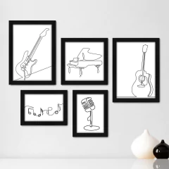Kit Com 5 Quadros Decorativos - Instrumentos Musicais - Música - Escola de Música - Sala - 156kq01