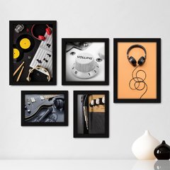 Kit Com 5 Quadros Decorativos - Instrumentos Musicais - Música - Escola de Música - Sala - 159kq01