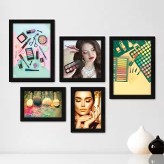 Kit Com 5 Quadros Decorativos - Maquiagem - Salão de Beleza - Make - 216kq01