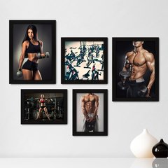 Kit Com 5 Quadros Decorativos - Fitness - Academia - Musculação - Ginástica - 226kq01