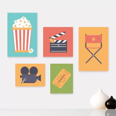 Kit 5 Placas Decorativas - Cinema - Projetor - Filmes - Sala Casa Quarto Sala - 231ktpl5