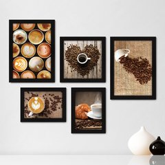 Kit Com 5 Quadros Decorativos - Café - Coffee - Cafeteria - Lanchonete - Cozinha - 236kq01