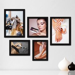 Kit Com 5 Quadros Decorativos - Salão de Beleza - Corte de Cabelo - Tintura - Unhas - Maquiagem - Depilação - 265kq01