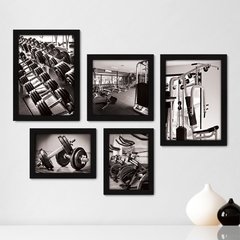 Kit Com 5 Quadros Decorativos - Academia - Fitness - Ginástica - Musculação - 284kq01