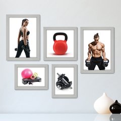 Kit Com 5 Quadros Decorativos - Academia - Fitness - Ginástica - Musculação - 285kq01 - comprar online