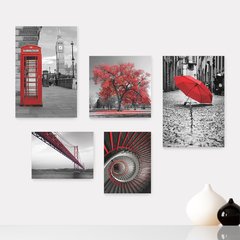 Kit 5 Placas Decorativas - Árvore - Cidade - Preto e Branco com Vermelho - Casa Quarto Sala - 293ktpl5