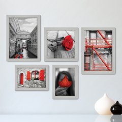 Kit Com 5 Quadros Decorativos - Cidade - Flor - Preto e Branco com Vermelho - Sala - 299kq01 - comprar online
