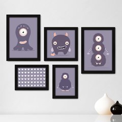Kit Com 5 Quadros Decorativos - Monstrinhos - Infantil - Bebê - Baby - Quarto - 301kq01