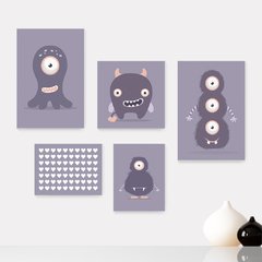 Kit 5 Placas Decorativas - Monstrinhos Infantil Bebê Quarto Menino Menina - 301ktpl5